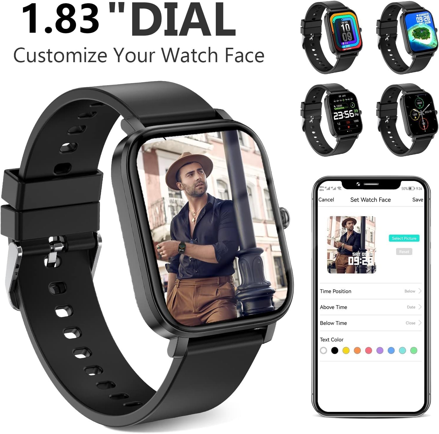 Black Smart Watch for Men Women SmartWatch 1.83 for iPhone Samsung Android Phone Compatible, Fitness Tracker Watch with Pedometer, Heart Rate/Sleep Monitor, Blood Oxygen, IP68 Waterproof